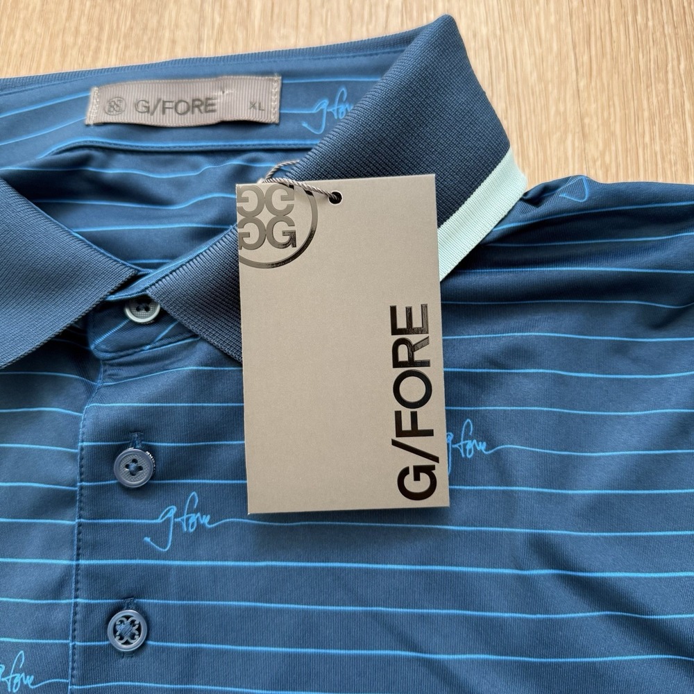 Men's Navy Striped Performance Polo Shirt by G/Fore - Picture 7 of 9